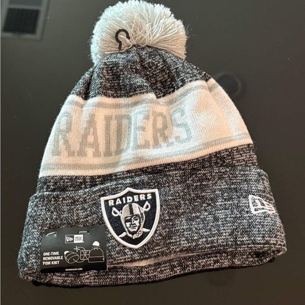 New Era Raiders Knit Hat - Black and White Removable Pon